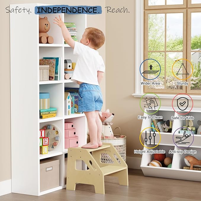 2 Step Stool for Toddlers Bathroom Sink, Kids Step Stool for Toilet Potty Training, Baby Child Toddler Stepping Ladder with Handles for Kitchen Counter Bedroom Nursery Bed (Natural Wood)