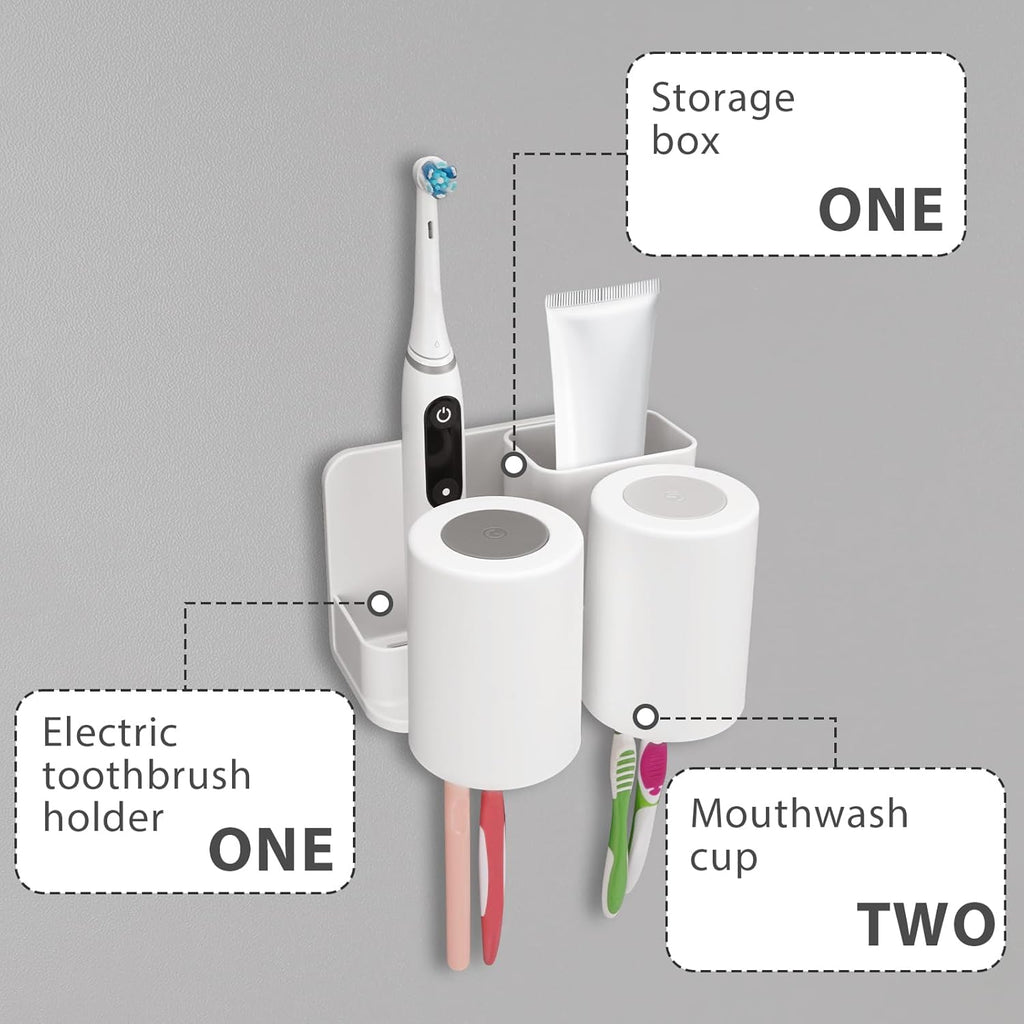 Toothbrush Holders with 2 Mouthwash Cup Wall Mounted for Bathrooms, 2 Slots Bathroom Organizer for Toothpaste, Electric Toothbrush, Razor, Floss, Self Adhesive Toothbrush Hanger Storage for Shower