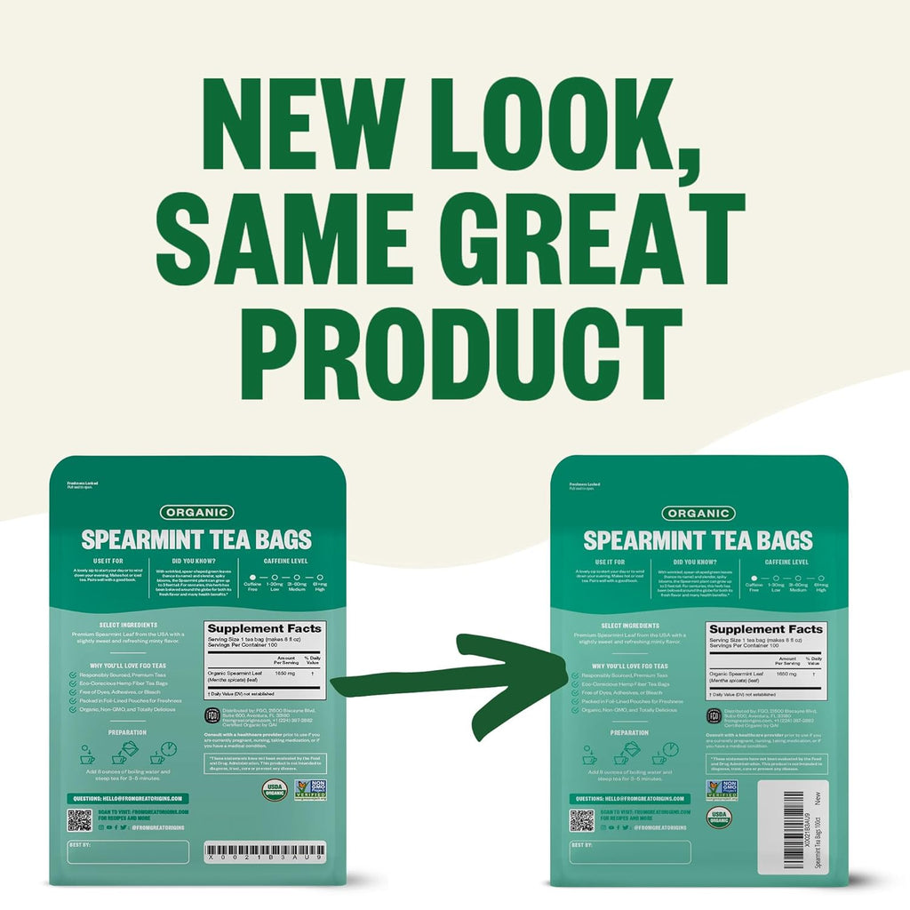 FGO Organic Spearmint Leaf Tea, 100 Count, Eco-Conscious Tea Bags, Caffeine Free, Resealable Bag, Packaging May Vary (Pack of 1)