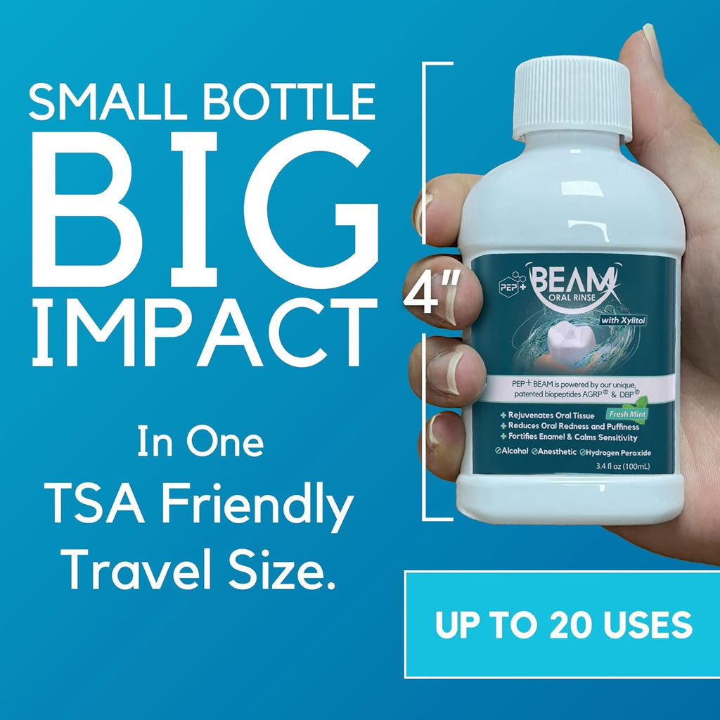 PEP+ BEAM Alcohol-Free Fluoride-Free Mouthwash with Peptides and Xylitol, Oral Rinse for Enamel Strength, Gum Support, Fresh Breath, Microbiome Balance, Dentist Inspired, Travel Size 3.4oz (2 Pack)