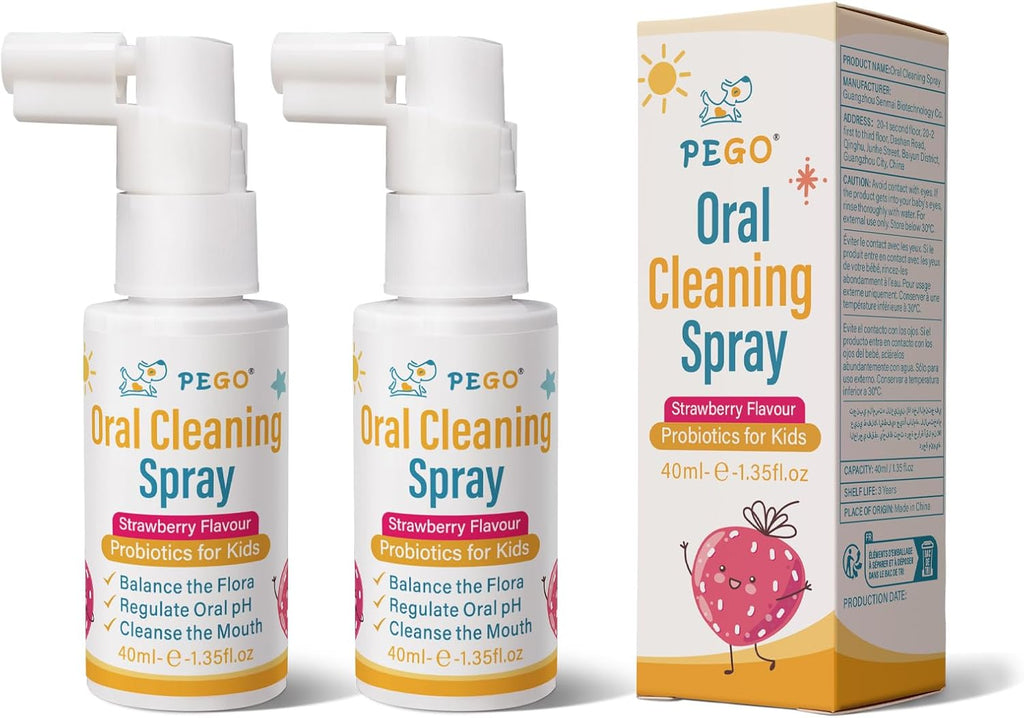 PEGO Kids Oral Spray, Toddler Toothpaste Helper for Daily Oral Care and Fresh Breath, Children Approved with Fluoride Free for Newborn to Preschoolers, Xylitol (40ml*2, Strawberry)