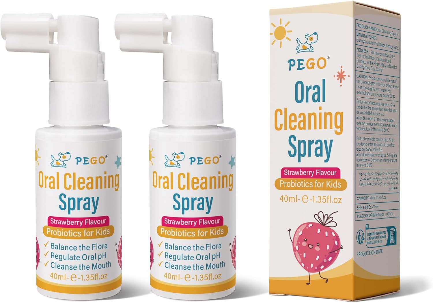 PEGO Kids Oral Spray, Toddler Toothpaste Helper for Daily Oral Care and Fresh Breath, Children Approved with Fluoride Free for Newborn to Preschoolers, Xylitol (40ml*2, Strawberry)