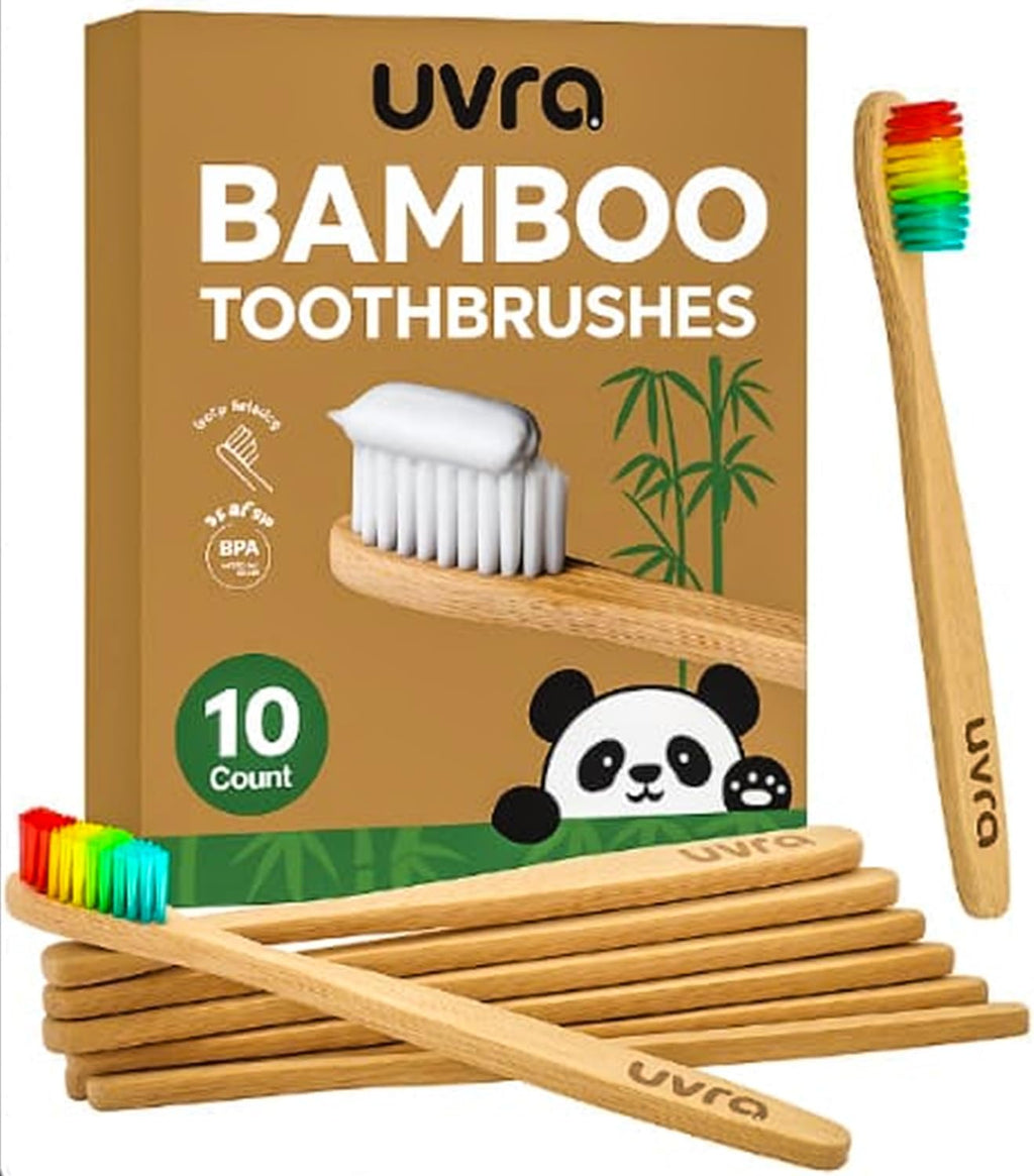 Bamboo Toothbrushes for Adults - 10 Pack Biodegradable Bamboo Toothbrush Teeth Colorful Bristle Natural Bamboo Tooth Brush Dental Eco Wood Toothbrushes (Rainbow)