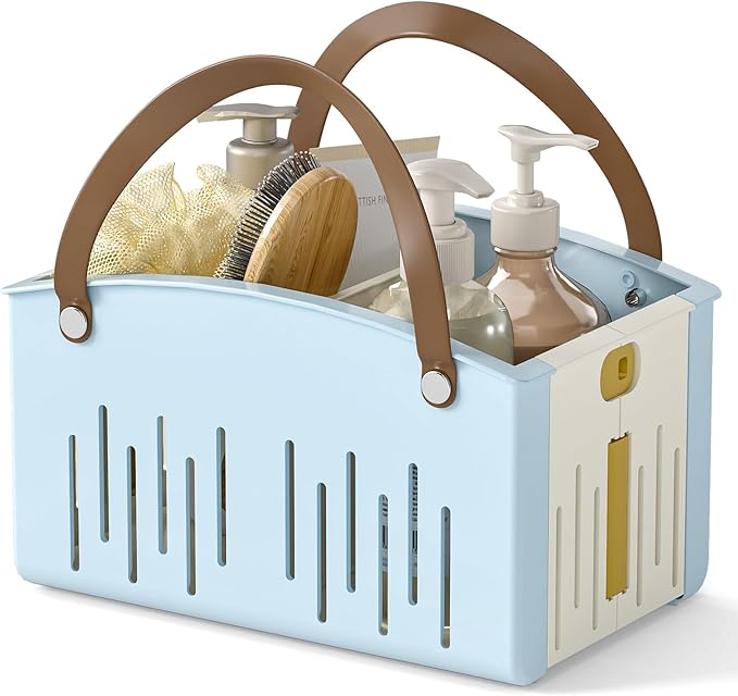 Delamu Portable Shower Basket Caddy with Double Handle Foldable Dry Wet Separation Design 11.0 × 7.1 × 6.5in, Travel, Camping, Gym, College Bathroom Tote, Blue, Ideal Christmas Gifts for Girls