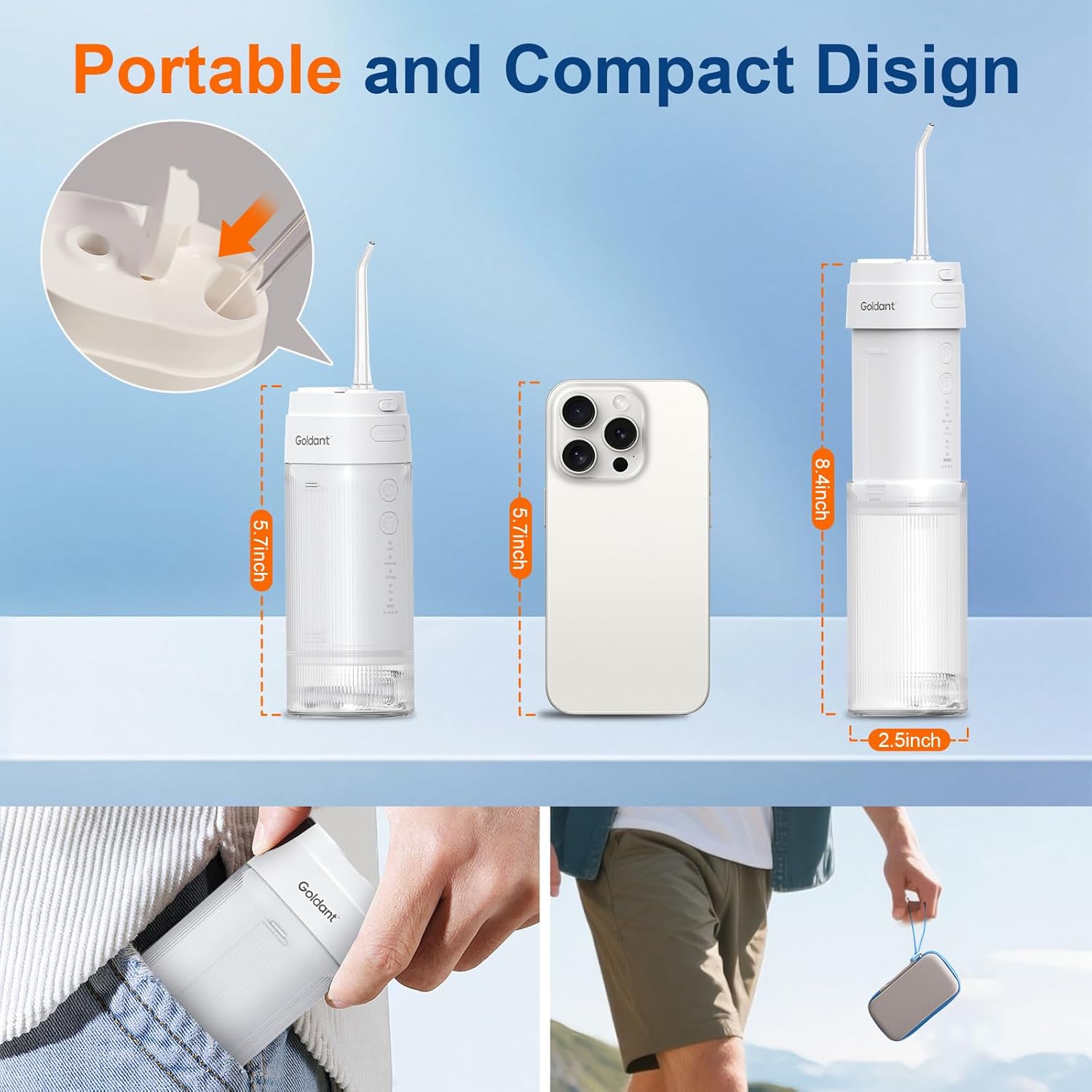 Portable Water Flosser for Teeth with Exquisite Travel Case, Cordless Rechargeable Mini Oral Irrigator with Removable Tank, IPX7 Waterproof, 4 Modes & 4 Jet Tips for Tooth Cleaning (White)