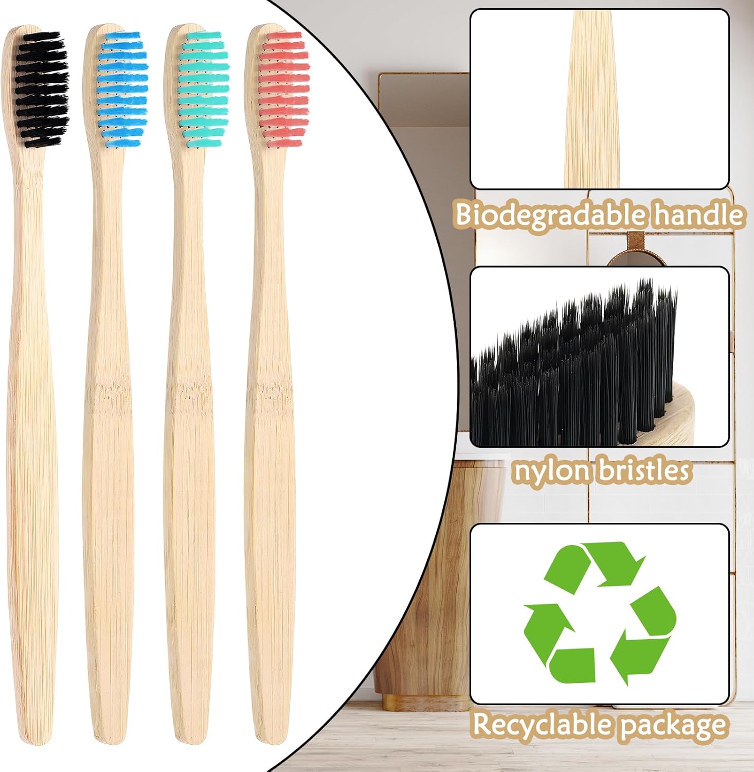Vesici 200 Pcs Bamboo Toothbrushes Bulk Soft Bristles Toothbrushes with Micro Fur Ultra Wooden Bamboo Teeth Brush Manual for Adults Travel Family Hotel Individually Packaged (Black,Pink,Green,Blue)