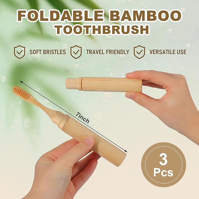 3 Pcs Foldable Bamboo Toothbrush with Soft Bristle Travel Size Toothbrushes with Bamboo Handle Cover Reusable Compact Case for Travel Camping Daily Use