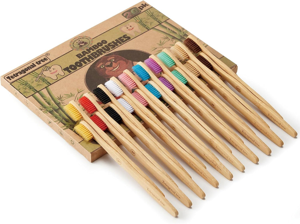 20 Count Bamboo Toothbrushes - BPA Free Soft Bristles Natural Toothbrush Set - Biodegradable & Compostable Eco-Friendly Wooden Toothbrush, Multicolor