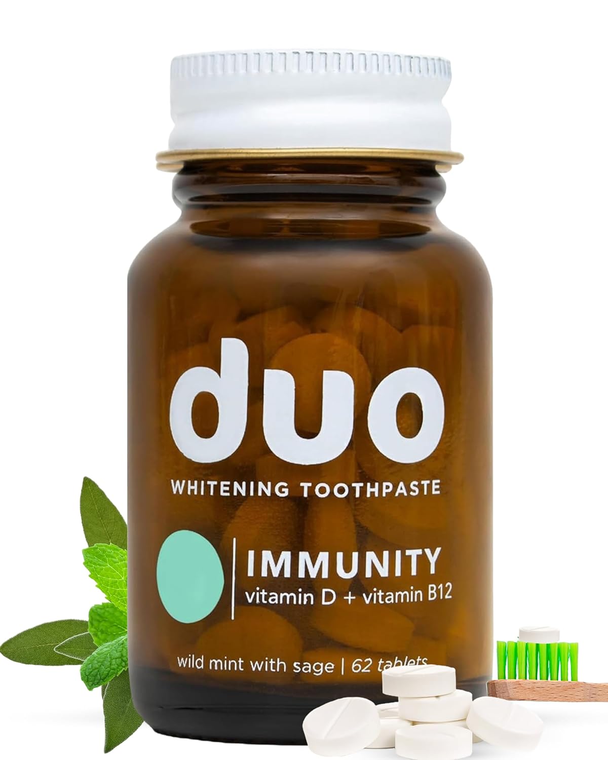 Duo Immunity Toothpaste Tablets | Vitamin D3 + B12 w/Nano-Hydroxyapatite (nHa) - Whitening, Remineralize & Reduce Sensitivity | Sustainable & Plastic Free | Wild Mint w/Sage, 1 Bottle/ 62 Tablets