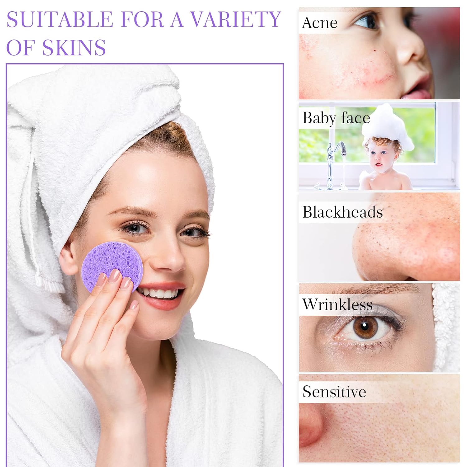 Sieral 120pcs Compressed Facial Sponges Disposable Natural Face Sponges Round Soft Pads with Container for Washing Face Cleansing Exfoliating Esthetician Makeup Removal Travel(Purple)