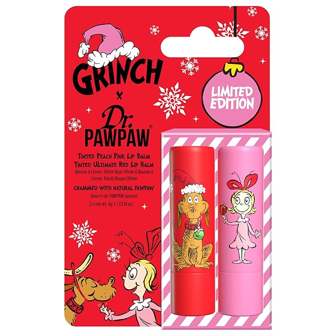 Dr. PawPaw The Grinch Set - Ultimate Red and Peach Pink - Natural Lip Balm with Aloe Vera - Gluten Free Lip Moisturizer to Soften and Hydrate - 2 pc