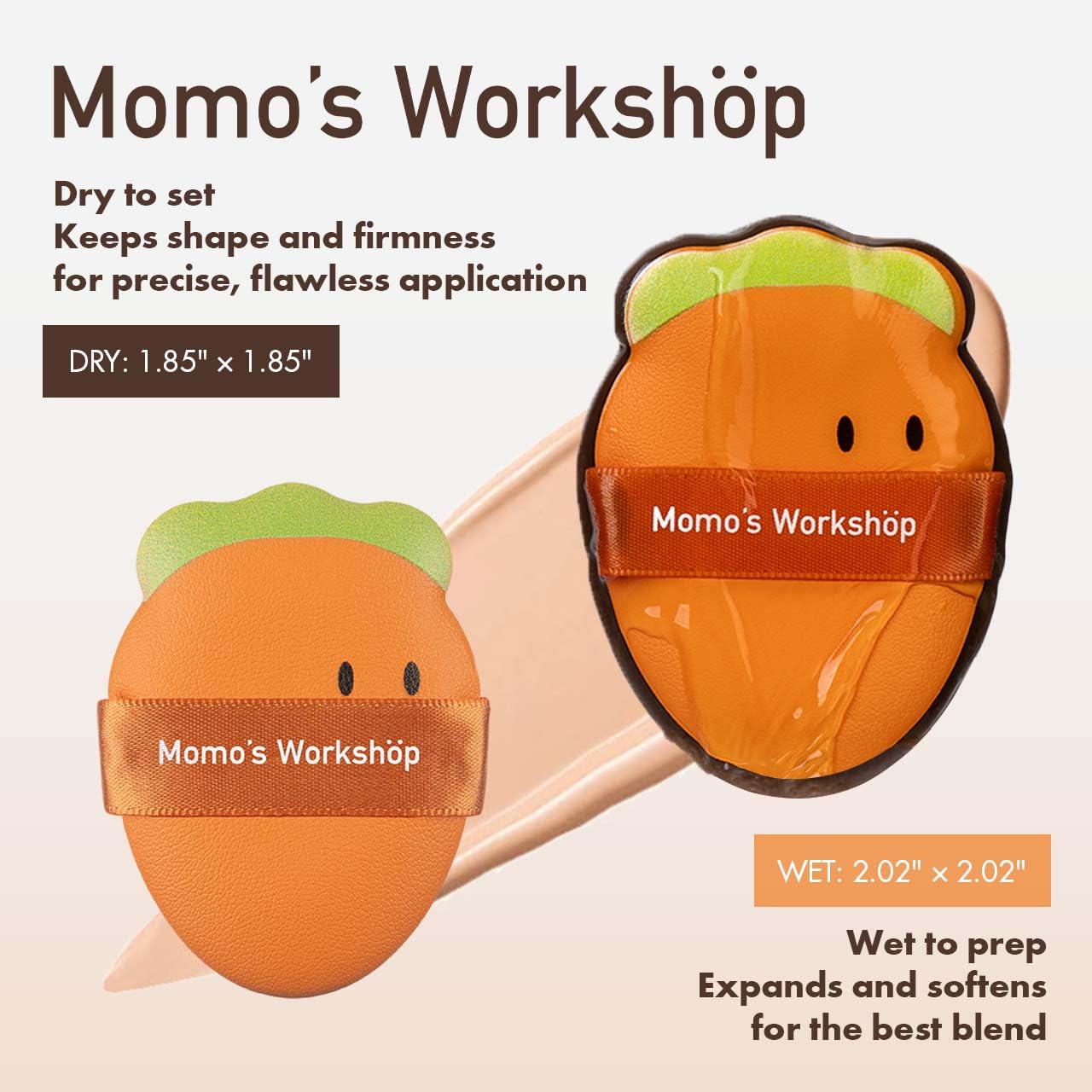 Momo’s Workshop Carrot Makeup Sponge – Dual-Use PU Beauty Sponge with Lychee Leather Handle, 16mm Hydrophilic Sponge for Foundation Coverage, Dry/Wet Application,2pcs with Case