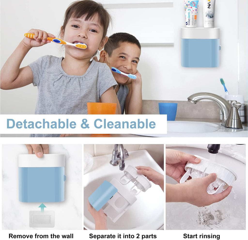 Toothbrush Holder Toothpaste Dispenser Wall Mounted with Cover, 4 Slots Electric Tooth Brush Storage Organizer with 2 Automatic Kids Toothpaste Squeezers for Shower Bathroom Blue, Self Adhesive