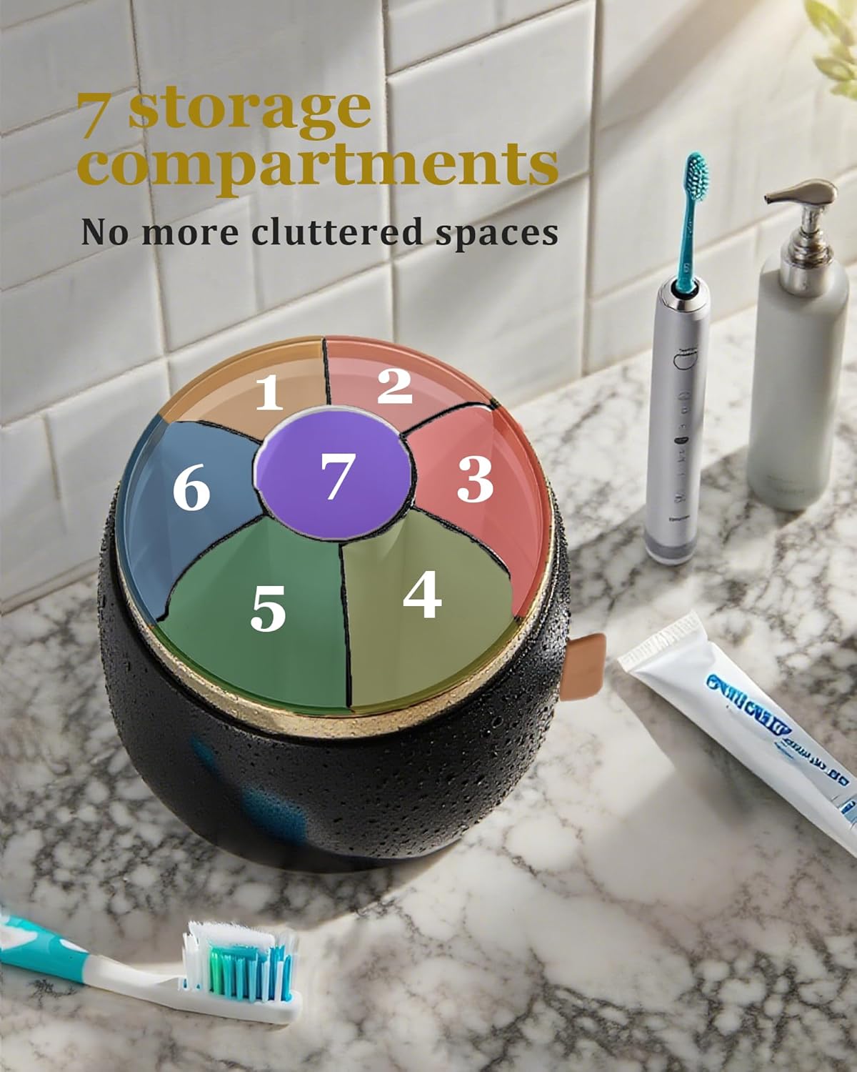bubooo 360° Rotating Toothbrush Holder for Bathroom - Non-Slip Space-Saving 7-Slot with Cover & Drainage, Electric Toothbrushes/Toothpaste/Razor Organizer for Counter Vanity (black)