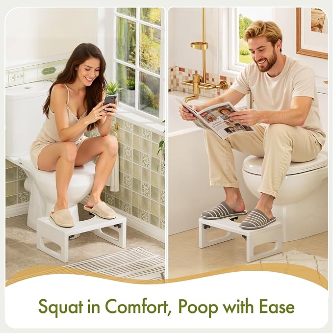 AmazerBath Bamboo Toilet Stool, 7 Inches Foldable Squatting Potty Stools for Adults, Non-Slip Pooping Stool for Bathroom, 0.79" Thickness Poop Foot Step Stools for Kids, White