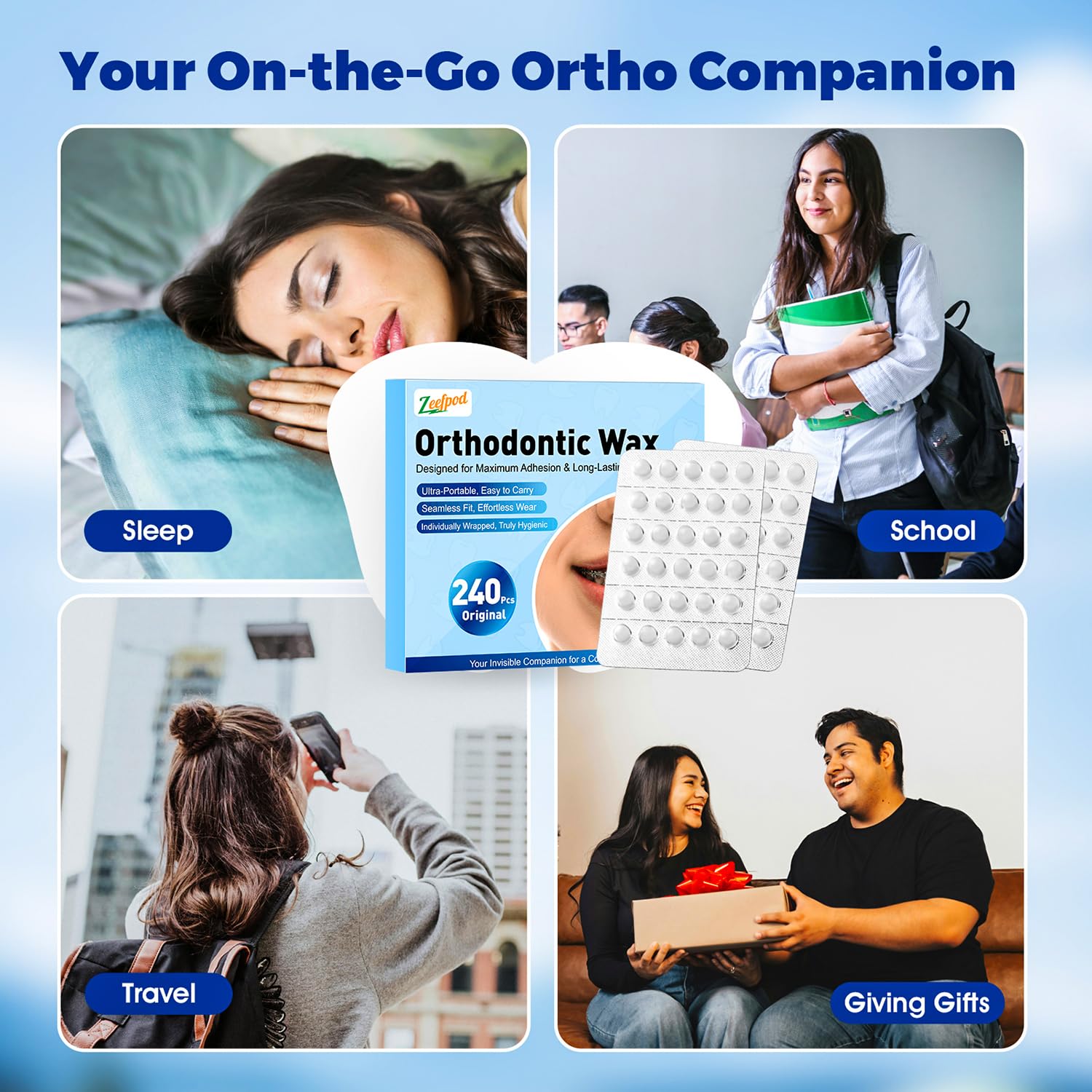 240 Pieces Pre-Cut Orthodontic Wax for Braces, Individually Wrapped Dental Wax for Braces Relief, Easy to Use, Unscented，Safe & Gentle, Hygienic orthodontic dots for Orthodontic Care