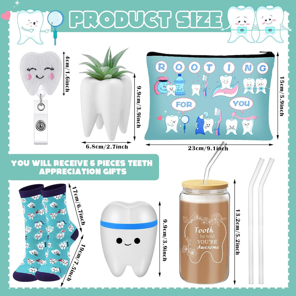 Pickmesh 6 Pcs Dental Gifts Dentist Assistant Hygienist Gifts 16 oz Glass Cups with Lid Makeup Bag Socks Badge Holder Tooth Brush Pot for Women Coworkers Doctor Nurse Christmas Accessories(Blue)
