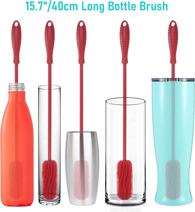 15.7" Silicone Bottle Brush, ddLUCK Water Bottle Cleaner Brush for Stanley, Hydroflasks, Glass, Thermos Sports Bottle, Vase and Glassware, Bottle Brush Cleaner for Small Narrow Neck Containers (Red)