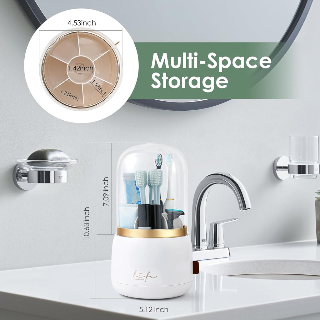 Toothbrush Holders for Bathrooms,Rotating 7-Slot with Cover and Draining Water,Kids Electric Toothbrush Holder and Toothpaste Stand Storage for Bathroom Accessories Counter Organizer Vanity