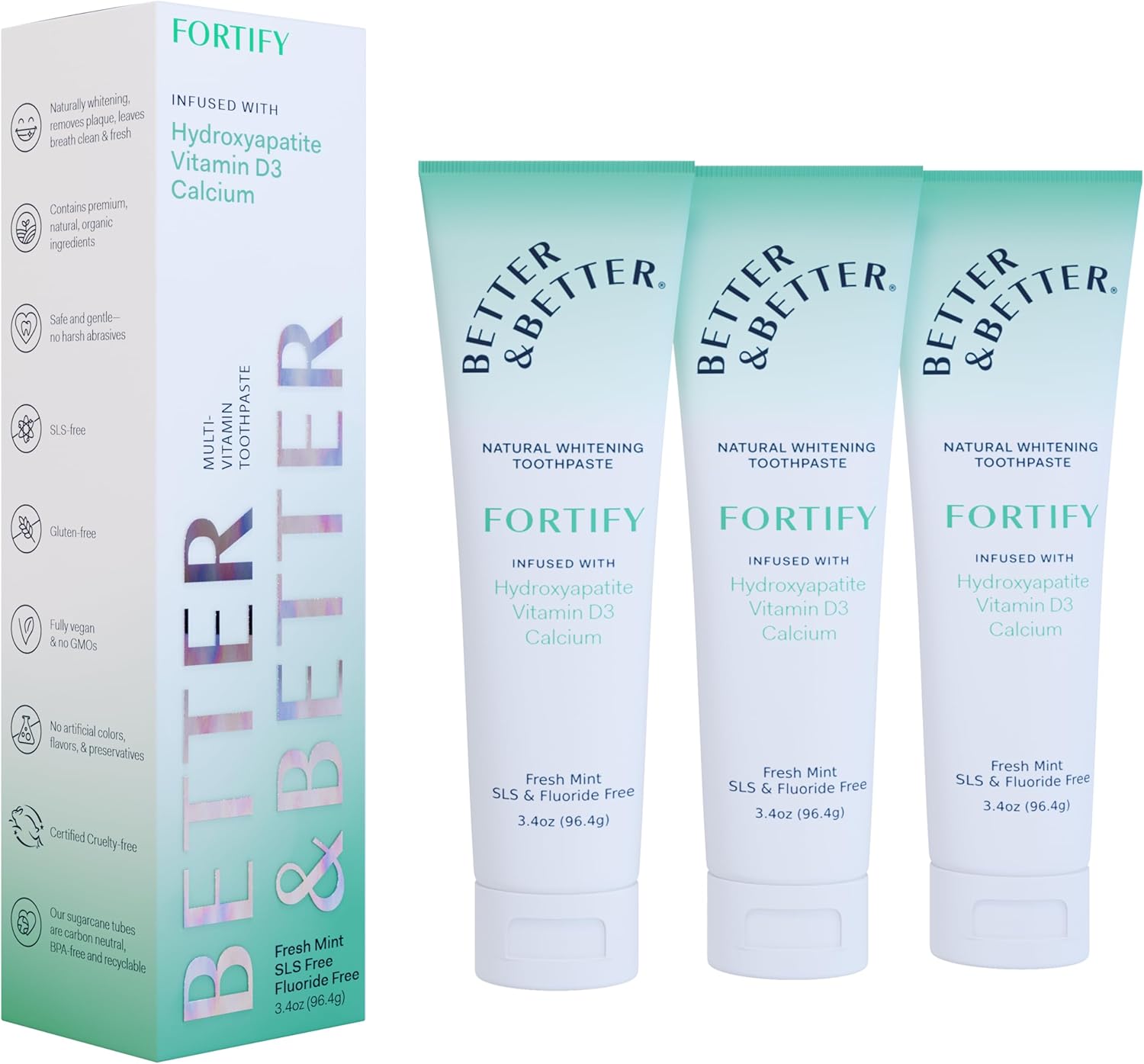 Better & Better Fortify Hydroxyapatite Toothpaste | Infused w/VIT. D & Calcium | Fluoride & SLS Free for Sensitive Brushers | Natural & Vegan Whitening Toothpaste | Fresh Mint Flavor | 3.4oz, 3 Pack