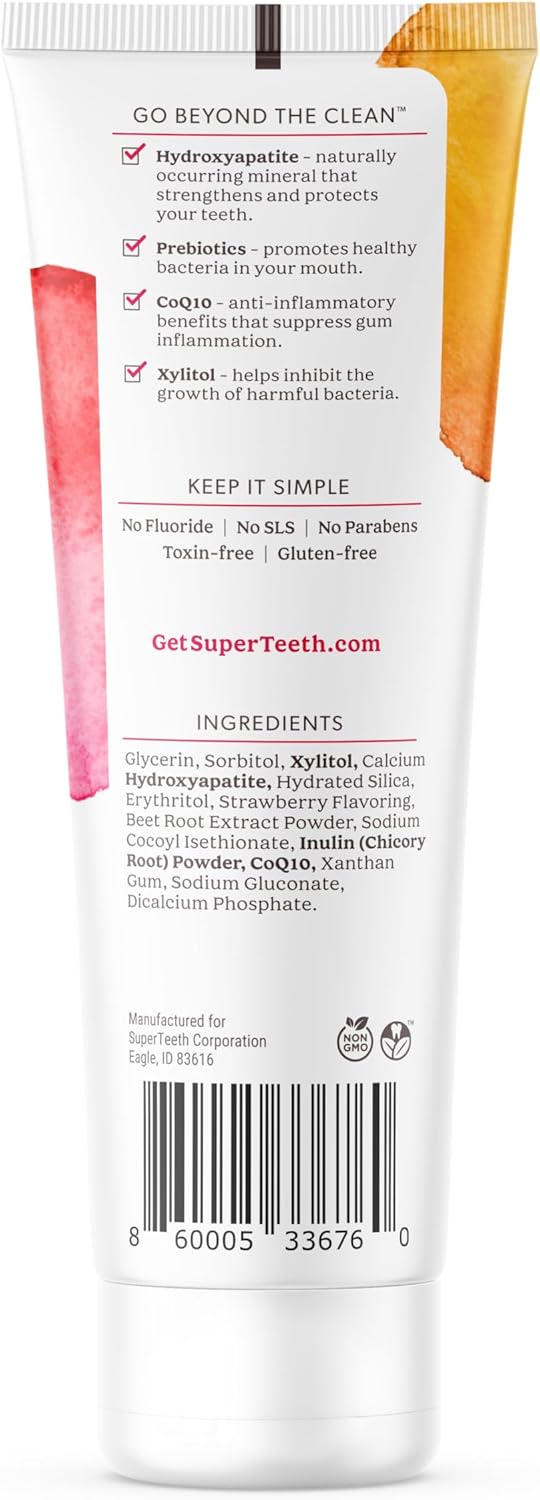SuperTeeth Prebiotic Mineral Toothpaste for Adults and Kids | Antiplaque | Hydroxyapatite | Fluoride Free | SLS Free | Remineralizing | Oral Care | Made in USA | Strawberry
