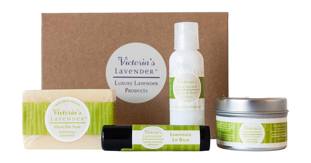 Victoria's Lavender Natural Body Products Gift Set - Handmade Soap, Hand & Body Lotion, Lip Balm, Made in the USA Body Candle Skin Care Set & Kits, Bath & Body Products for Women, Lavender Lemongrass