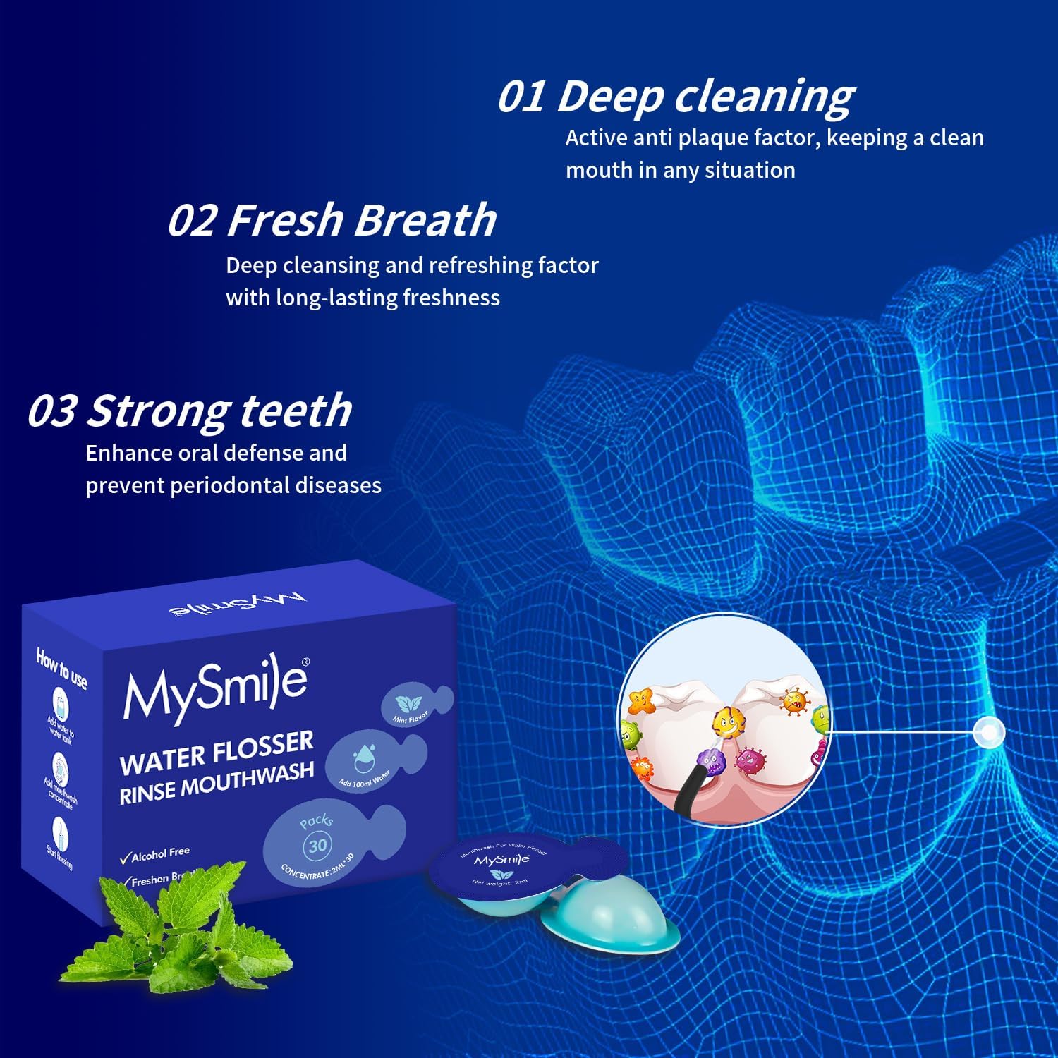 MySmile Water Flosser Mouthwash, Travel Size Concentrated Mouth Wash for Adults, 15x Concentrated Equals 200 FL oz, Alcohol Free for Bad Breath, Fresh Mint, (30 Uses, 0.06 fl oz)