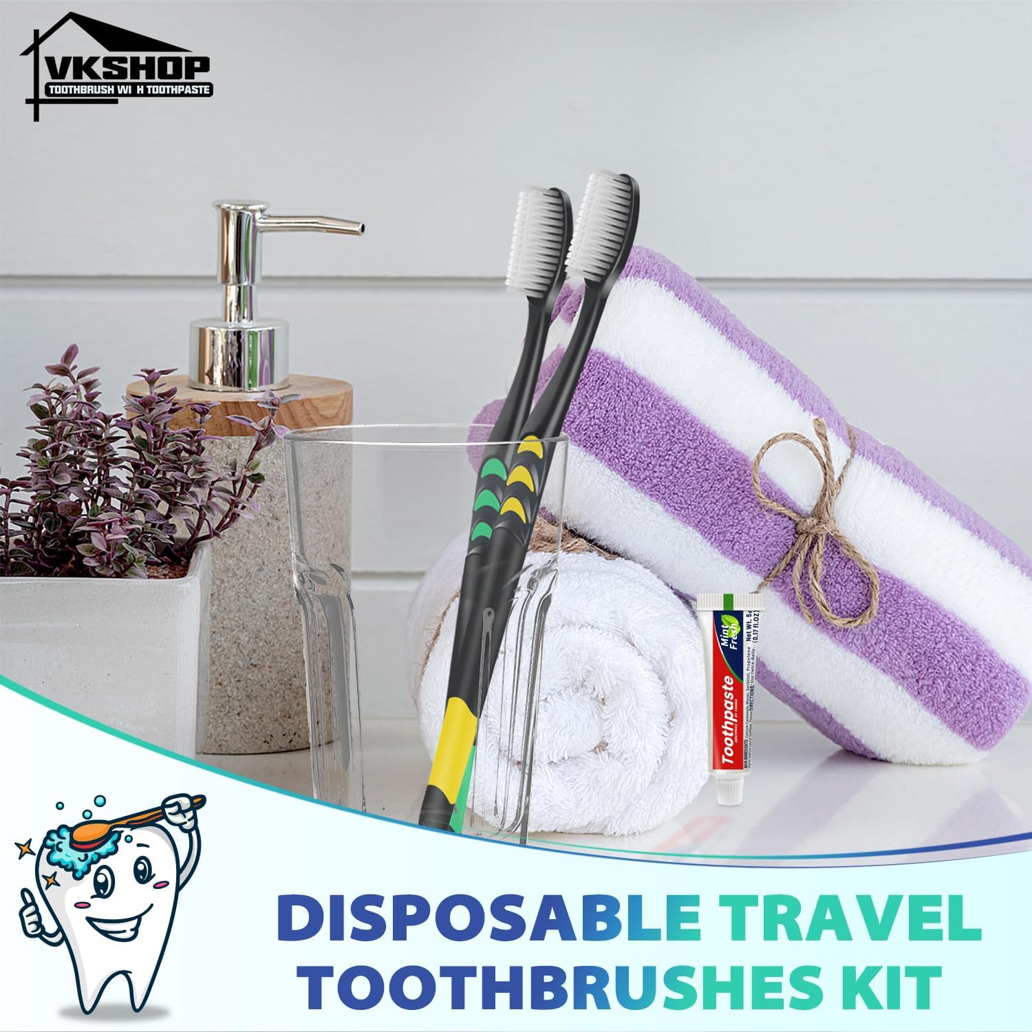 24 PS Individual Wrapped Travel Toothbrush Set with Toothpaste, Bulk Disposable Toothbrushes Kit，Soft Toothbrushes for Adults for Travel, Hotel, Business Trips，Daily Backup（Black,Toothpaste 5g）