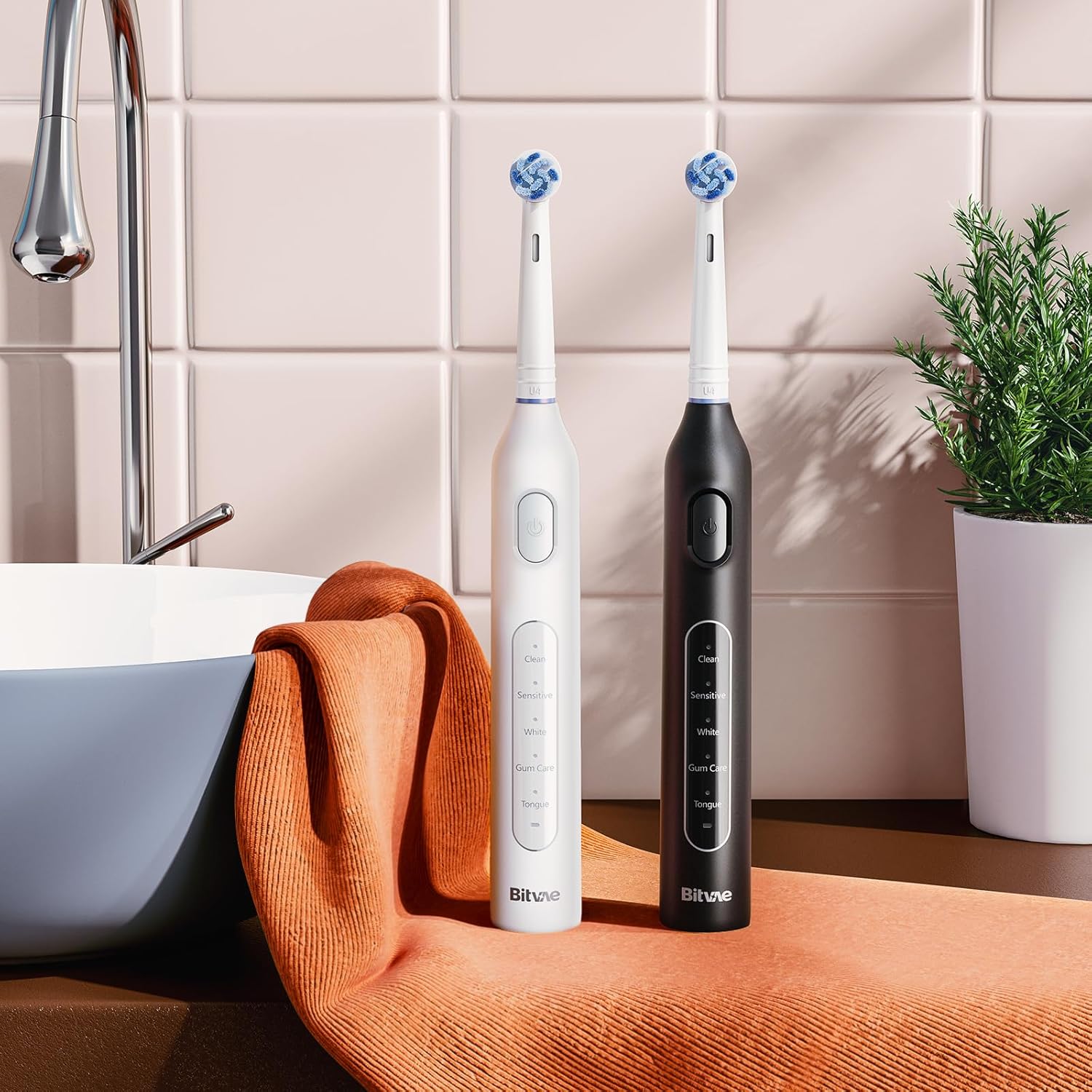 Bitvae Rotating Electric Toothbrush 2 Packs for Adults and Kids, 8 Brush Heads 60-Day Battery Life, 5 Modes Power Toothbrush with 2-Minute Smart Timer, Black & White, R1