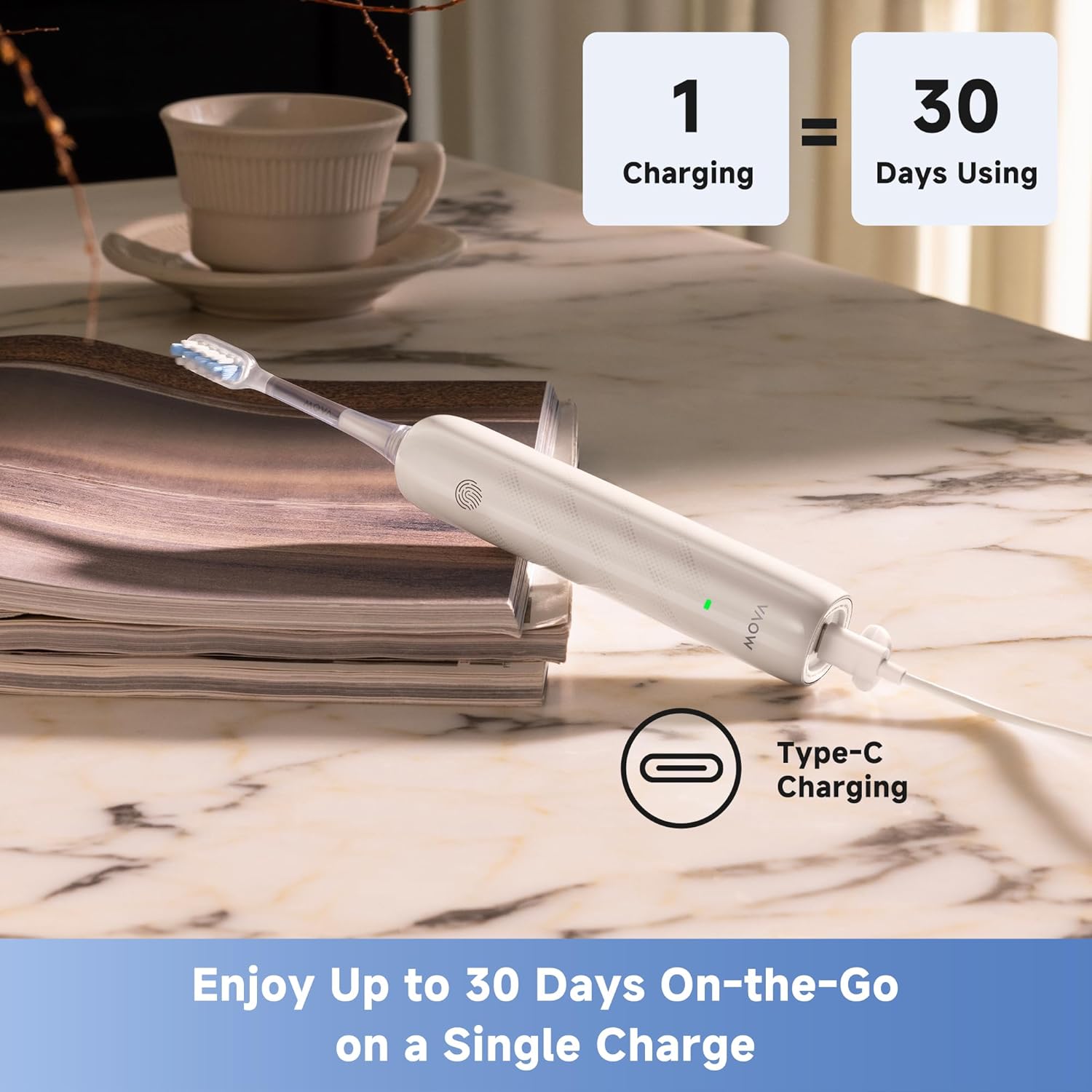 Mova Fresh SweepDrive Electric Toothbrush, Rechargeable Electric Power Toothbrush for Adults, Intuitive Pressure Sensing, 3-in-1 Replacement Brush Head with Holder, 30 Days of Battery Life, White