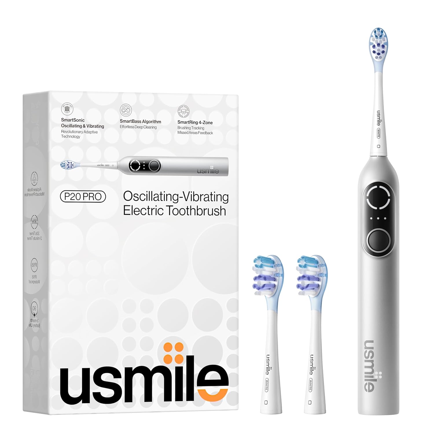 usmile P20 PRO Oscillating-Vibrating Electric Toothbrush, Electric Toothbrush for Adults, Rechargeable Travel Powered Toothbrush with Timer, 90-Day Battery Life