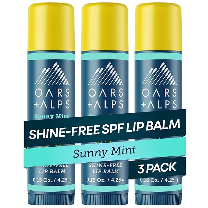 Oars + Alps Lip Suncreen, SPF 18 Lip Balm, Shine Free Sunscreen for Lips, Infused with Vitamin E, Peppermint & Spearmint, Water & Sweat Resistant, Moisturizing, Hydrating, Sunny Mint Scent, 3pk