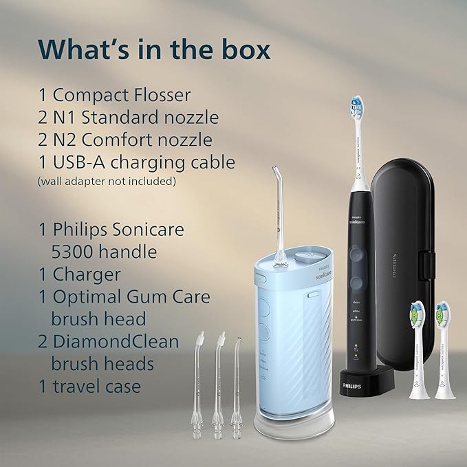 Philips Sonicare Compact Flosser 1000, Blue, ProtectiveClean 5300 Rechargeable Electric Toothbrush and 2PK Compact Nozzle Bundle