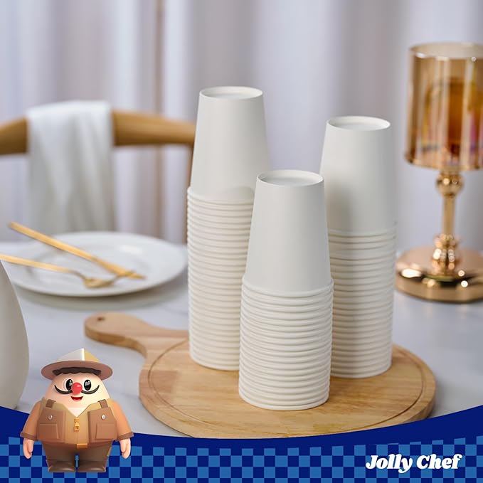 JOLLY CHEF 400 Pack 8 oz Paper Coffee Cups, White Beverages Drinking Cups for Coffee, Water Juice or Tea, Suitable for Party, Picnic, Travel, and Events