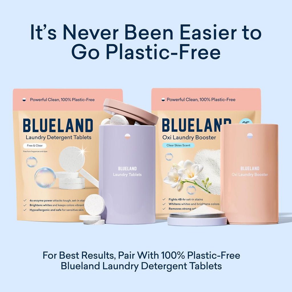 BLUELAND Oxi Laundry Booster Powder with Tin, Starter Set, Clear Skies Scent, 25 Loads, 17.6 oz, Plastic-Free, Eco Friendly, Oxy Cleaner, Stain Remover