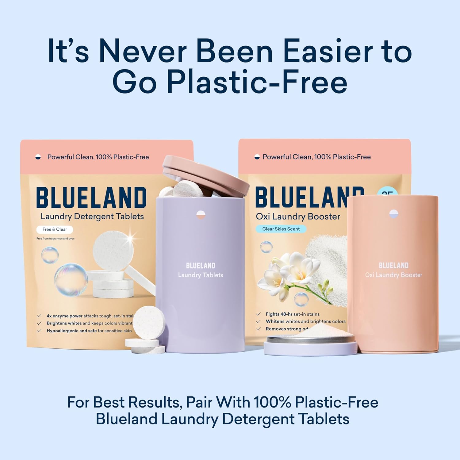 BLUELAND Oxi Laundry Booster Powder with Tin, Starter Set, Clear Skies Scent, 25 Loads, 17.6 oz, Plastic-Free, Eco Friendly, Oxy Cleaner, Stain Remover