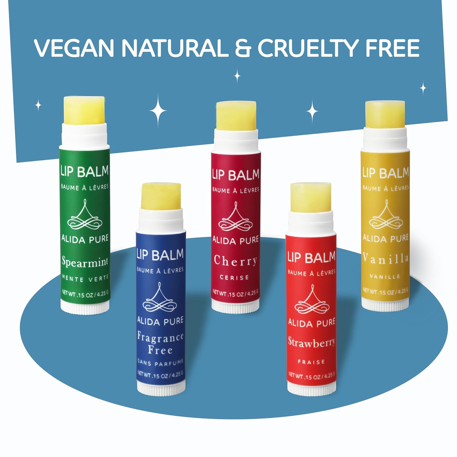 ALIDA PURE Melody Lip Balm Collection, Vegan, Lip Balm, Beeswax Free, with Avocado Oil, Organic Jojoba Oil, and Vitamin E, Natural Moisturizer for Dry, Chapped Lips, 5 Tube Set