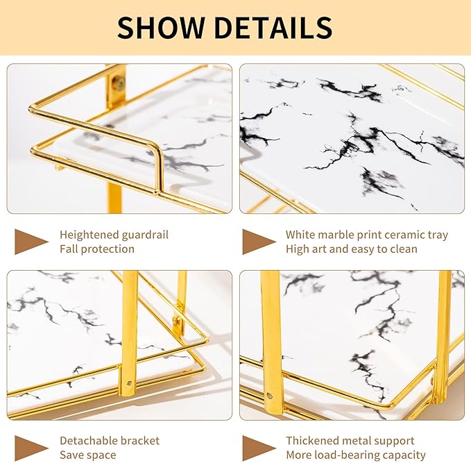 2 Tier Bathroom Cabinet Countertop Organizer Perfume Lipstick Makeup Organizer Cosmetics Storage Display Rack Vanity Tray Metal Dresser Storage Shelf White Marble Ceramic Tray Golden