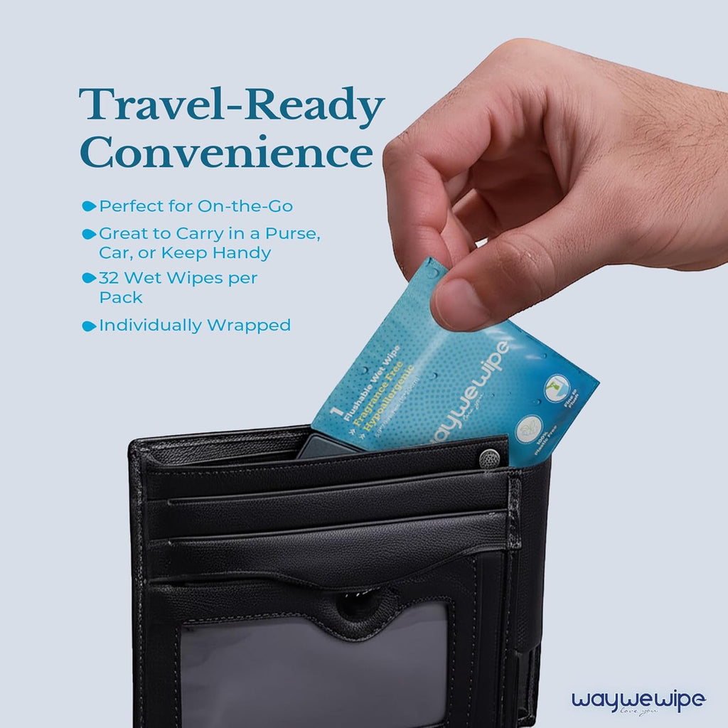 On-The-Go Flushable Wet Wipes, 32 Count XL Individually Wrapped Adult Wipes, Hypoallergenic 100% Plant Based Septic Safe, Travel Size Cleansing Cloth for Men & Women, Fragrance Free (32 Ct)