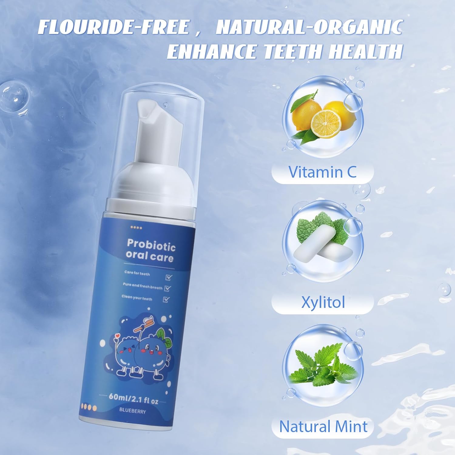 Fluoride Free Foam Kids Toothpaste - Natural Teeth Clean and Whitening Toothpaste with Blueberry Mint Flavor for U Shaped Toothbrush Travel Size (Blueberry)