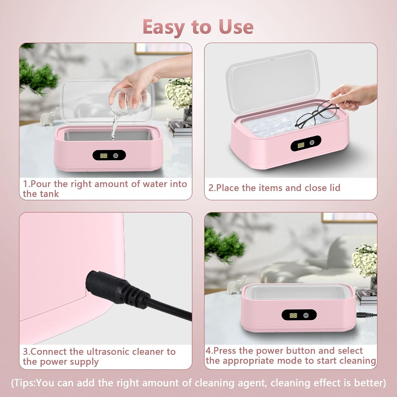 2025 Upgrade Large Capacity Ultrasonic Cleaner, 50Khz Ultrasonic Cleaner Machine with 5 Modes Timer for Glasses Dentures-304 Stainless Steel Tank, Pink