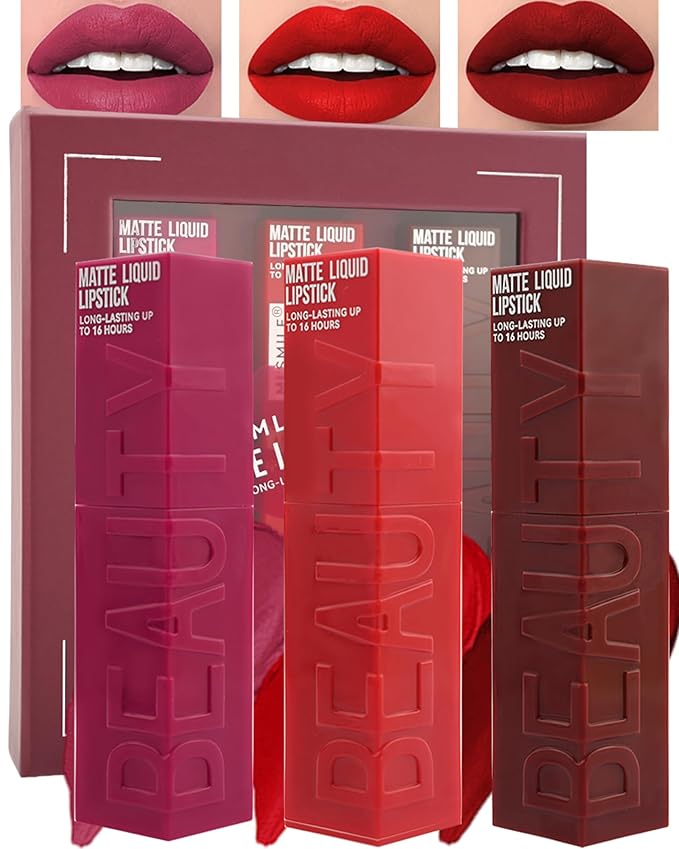 Matte Liquid Lipstick Set-3Pcs High Pigmented Lip Stain Tint,Matte Velvet Lip Gloss,Up to 16H Wear Lipgloss,Long Lasting Waterproof Non-Stick Tinted Lipstain,Christmas Makeup Gift Kit for Women-B