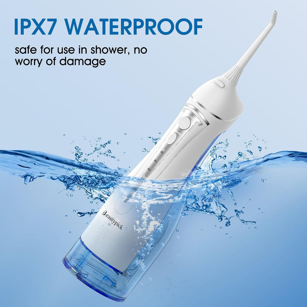 Water Dental Flosser Teeth Pick: Portable Cordless Oral Irrigator 300ML Rechargeable Travel Irrigation Cleaner Beautypick IPX7 Waterproof Electric Flossing Machine for Teeth Cleaning White