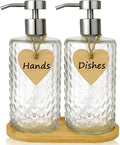 Glass Soap Dispenser Set with Bamboo Tray - 2 Pack 16 Oz Arrow Embossed Refillable Bottles with Silver Rustproof Stainless Steel Pump for Hand Dish in Farmhouse Modern Bathroom Kitchen (Clear)