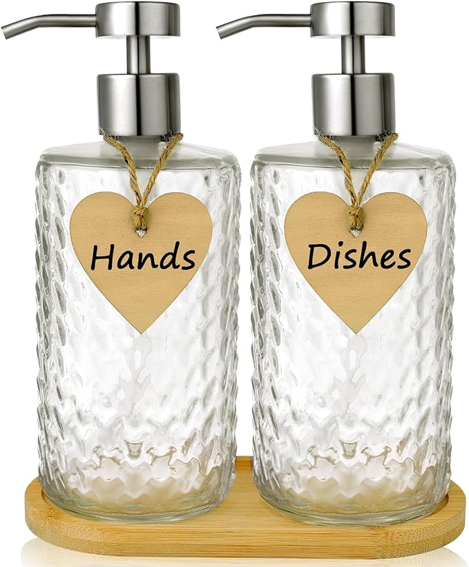 Glass Soap Dispenser Set with Bamboo Tray - 2 Pack 16 Oz Arrow Embossed Refillable Bottles with Silver Rustproof Stainless Steel Pump for Hand Dish in Farmhouse Modern Bathroom Kitchen (Clear)