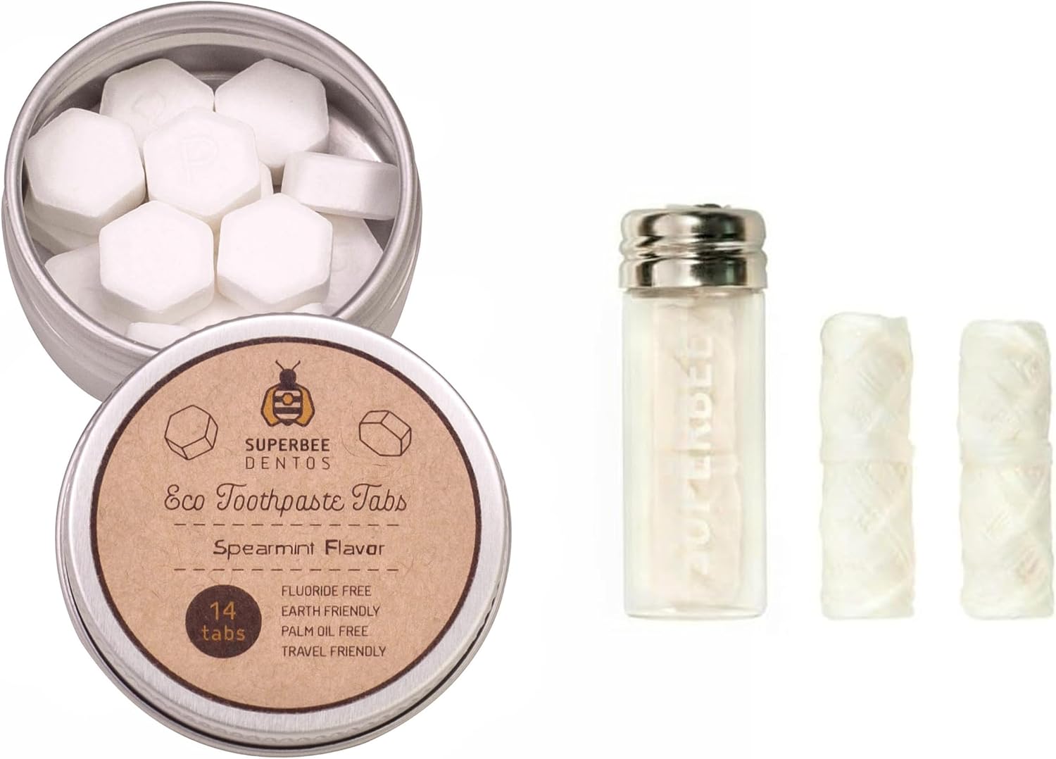 SuperBee Dentos Toothpaste Tablets & Dentos Floss, 14 Tabs, Fluoride Free & Eco Friendly, Travel Mouthwash Tablets, Sensitive Bites Kids Adults, Chewable Tablet, Spearmint