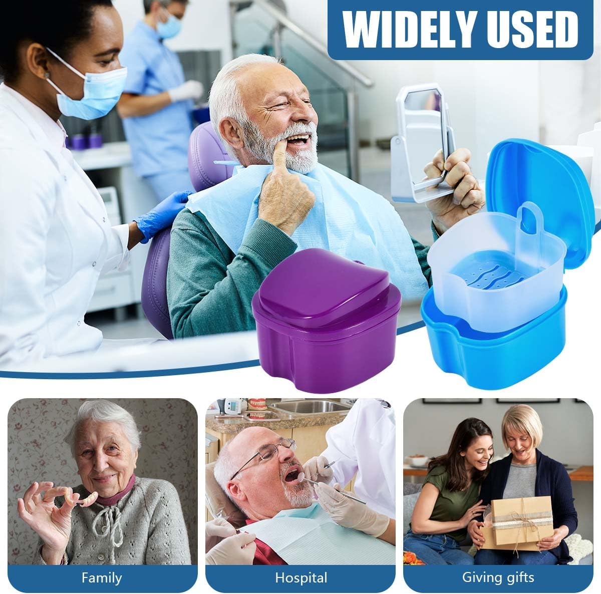 2 Pack Colors Denture Bath Case Cup Box Holder Storage Soak Container with Strainer Basket for Travel Cleaning (Light Blue and Purple)