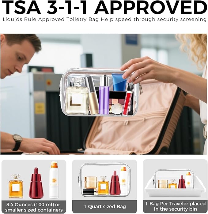 AURUZA Clear Makeup Bag,Portable Travel Toiletry Bags with Zipper, TSA Approved Clear Organizer Bags, PVC Cosmetic Pouch for Airport Airline Compliant