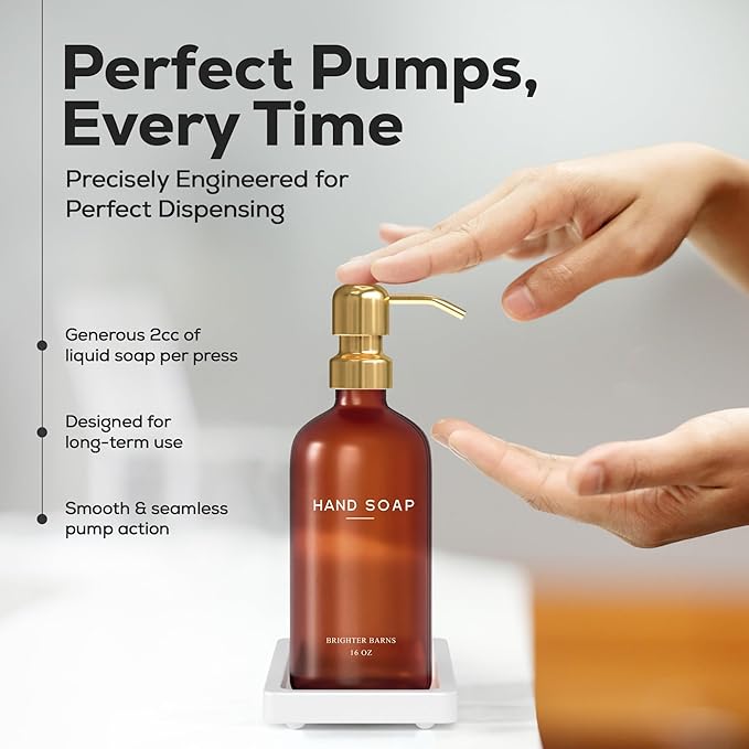 Luxury Glass Soap and Lotion Dispenser Set with Tray by Brighter Barns - Hand Soap Dispenser Bathroom Set w/Stainless Steel Pump - Gold Bathroom Decor for Guest House, Airbnb, Spa, Gift (Amber/Gold)