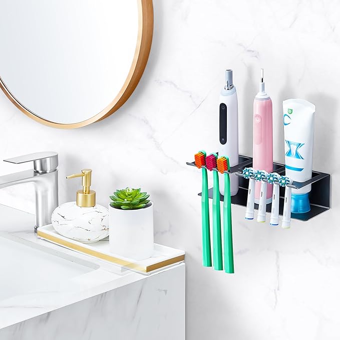 Electric Toothbrush Head Holders, Electric Toothbrush Holders Wall Mounted, Shower Electric Head Holder, Toothbrush and Toothpaste Holder, Adhesive Tooth Brushing Holder for Bathroom (Black, Large)